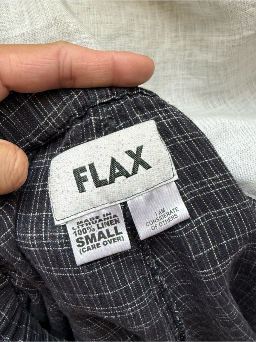 FLAX dark grey black white windowpane plaid linen pull on wide leg cropped pants - Picture 5 of 5